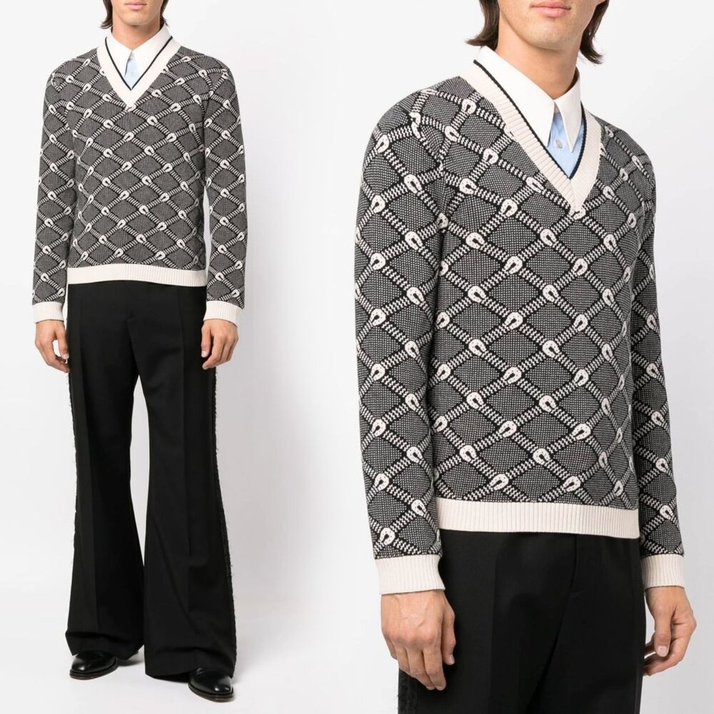 GUCCI SWEATER MENS V-NECK HORSESHOE JACQUARD JUMPER sz M / MEDIUM